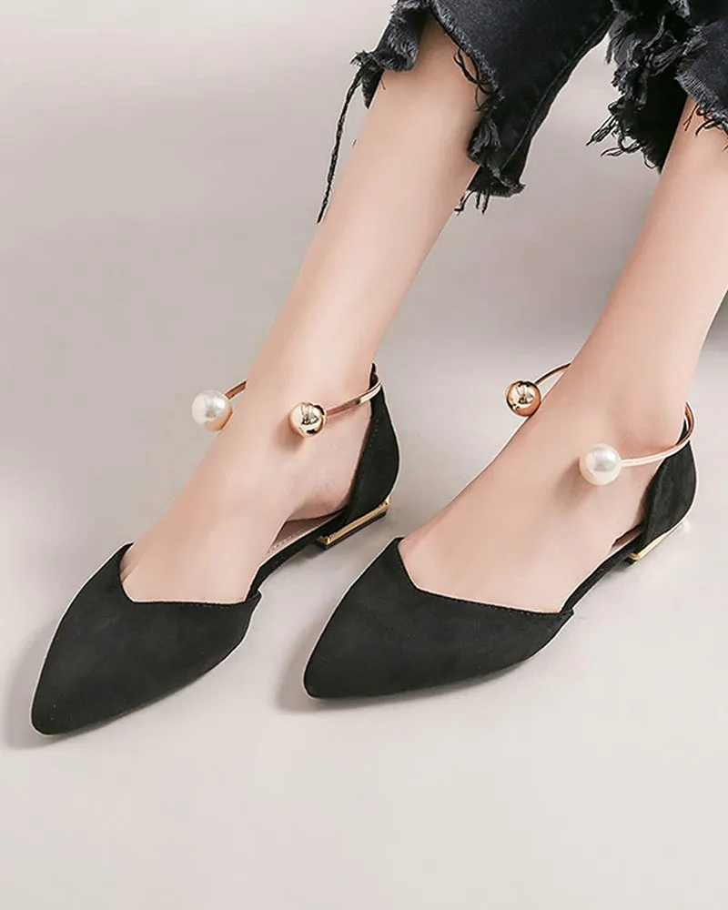 Pearl Buckle Pointed Toe Flat Loafers