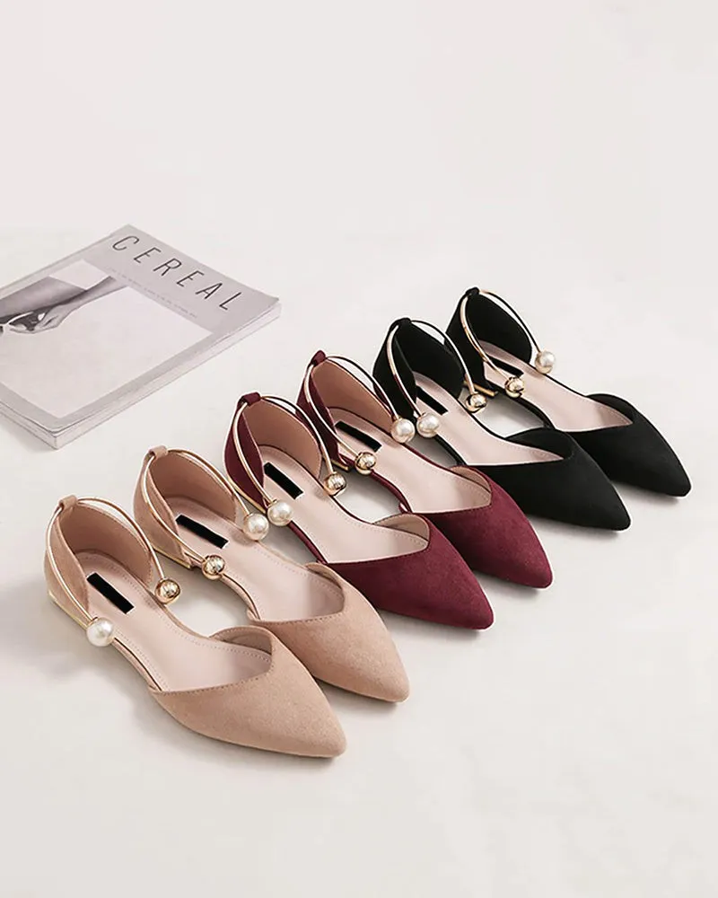 Pearl Buckle Pointed Toe Flat Loafers
