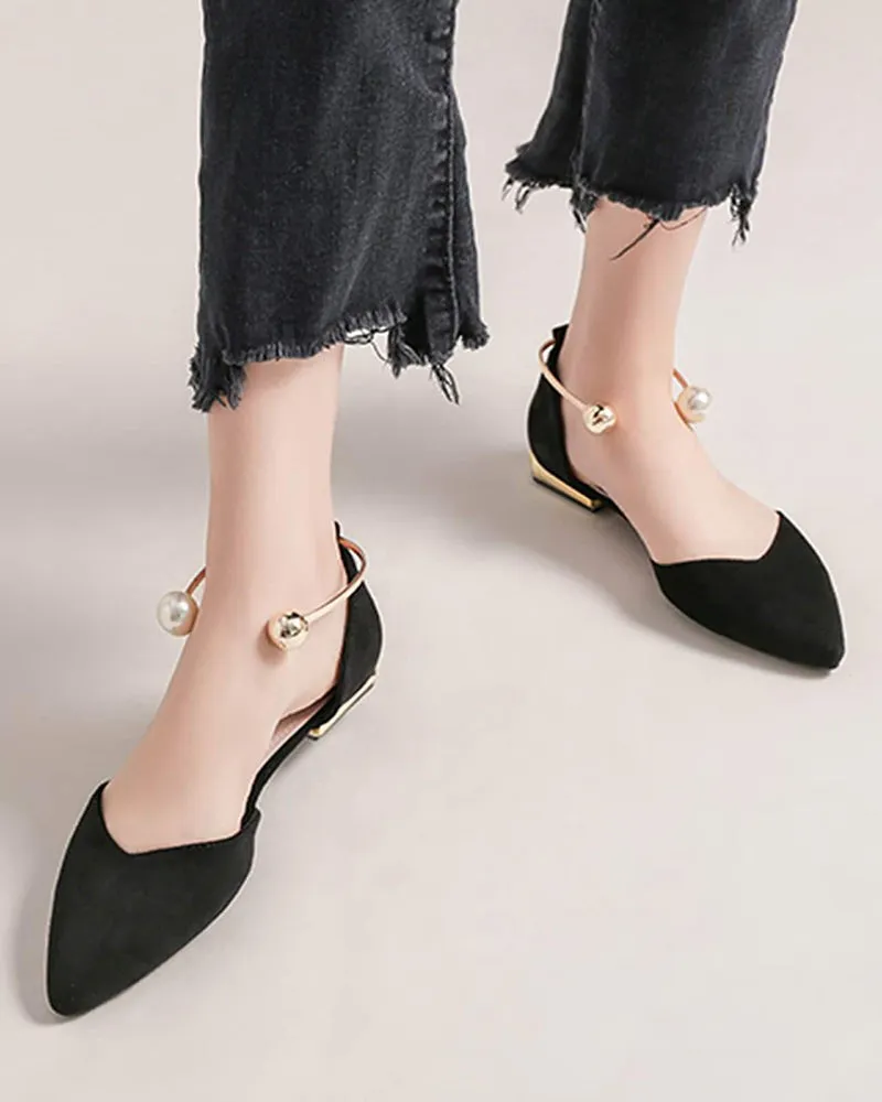Pearl Buckle Pointed Toe Flat Loafers