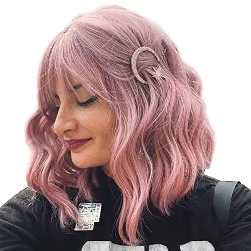 Pink Wavy Hair Wig with Bang