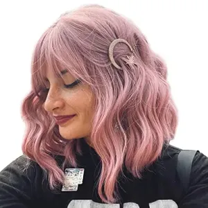 Pink Wavy Hair Wig with Bang