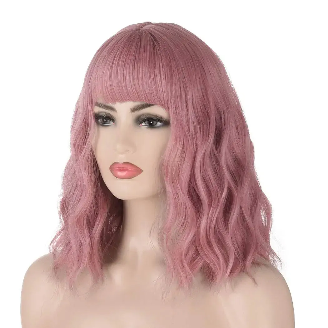 Pink Wavy Hair Wig with Bang