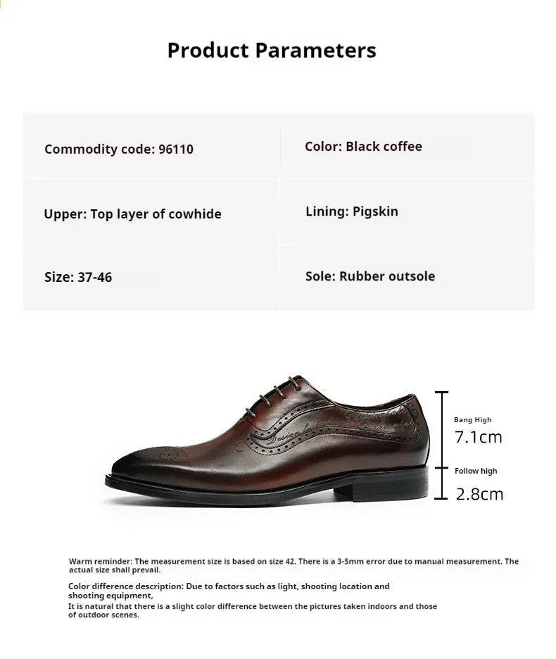 Pointed Toe Leather Shoes Men's Genuine Leather Hand-Rub Color Men's Shoes Business Formal Wear Pointed Toe Carving Brogue Oxford Shoes96110