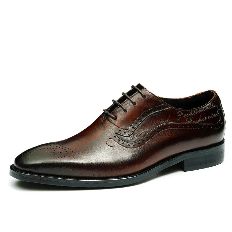 Pointed Toe Leather Shoes Men's Genuine Leather Hand-Rub Color Men's Shoes Business Formal Wear Pointed Toe Carving Brogue Oxford Shoes96110
