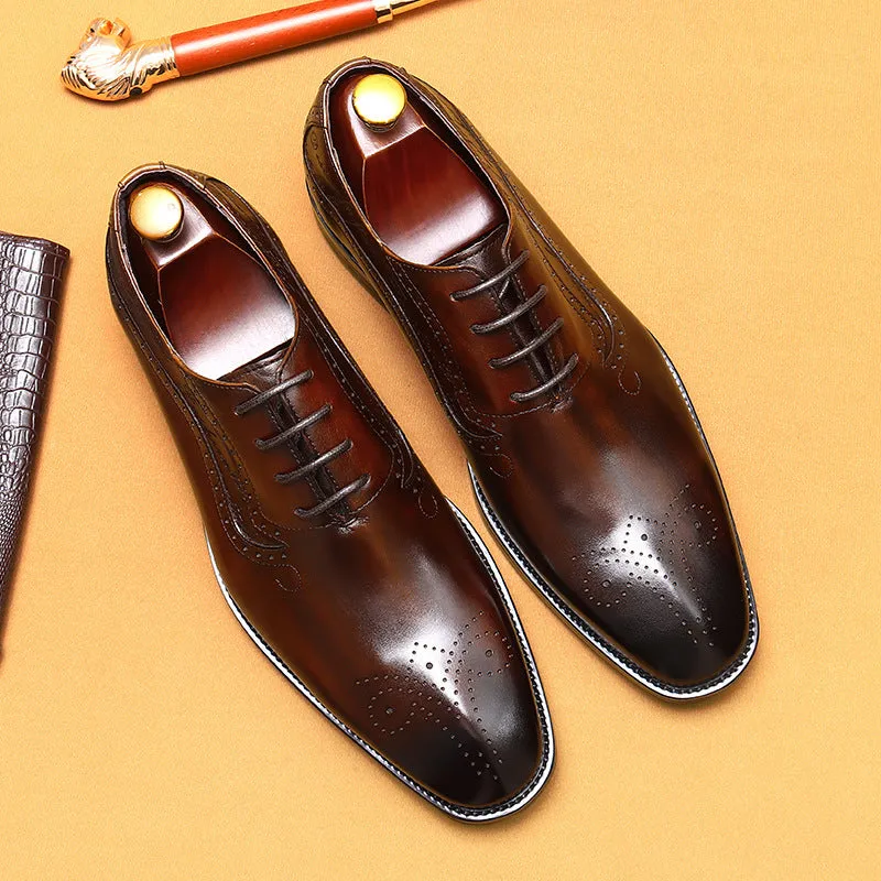 Pointed Toe Leather Shoes Men's Genuine Leather Hand-Rub Color Men's Shoes Business Formal Wear Pointed Toe Carving Brogue Oxford Shoes96110