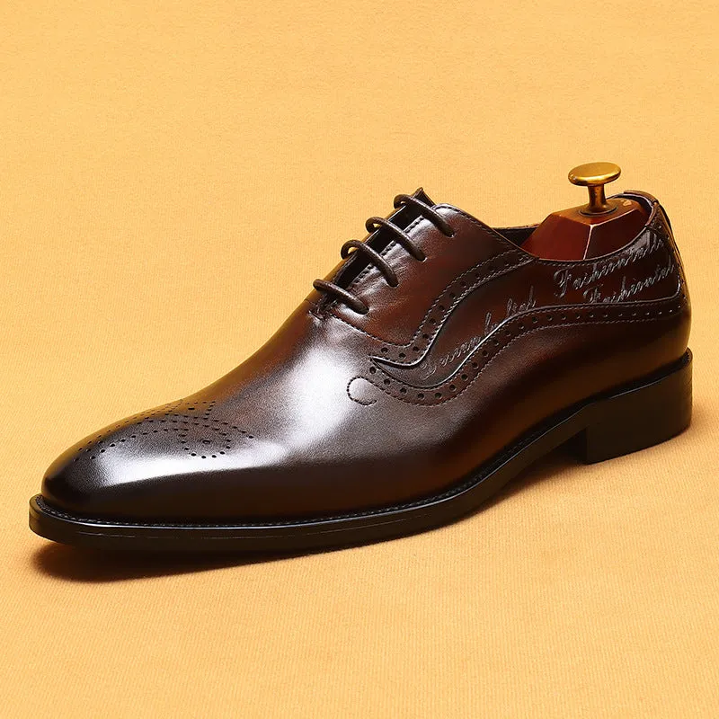Pointed Toe Leather Shoes Men's Genuine Leather Hand-Rub Color Men's Shoes Business Formal Wear Pointed Toe Carving Brogue Oxford Shoes96110