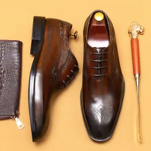 Pointed Toe Leather Shoes Men's Genuine Leather Hand-Rub Color Men's Shoes Business Formal Wear Pointed Toe Carving Brogue Oxford Shoes96110