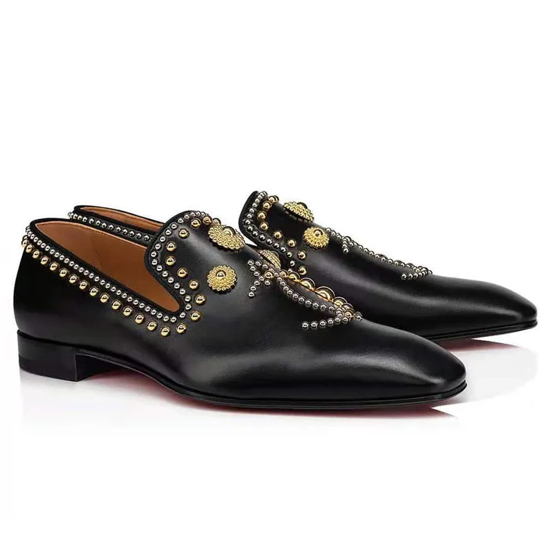 Pointed Toe Rhinestone Rivet Flat Shoes Male