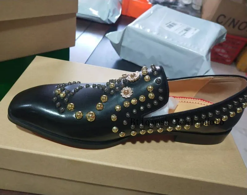 Pointed Toe Rhinestone Rivet Flat Shoes Male