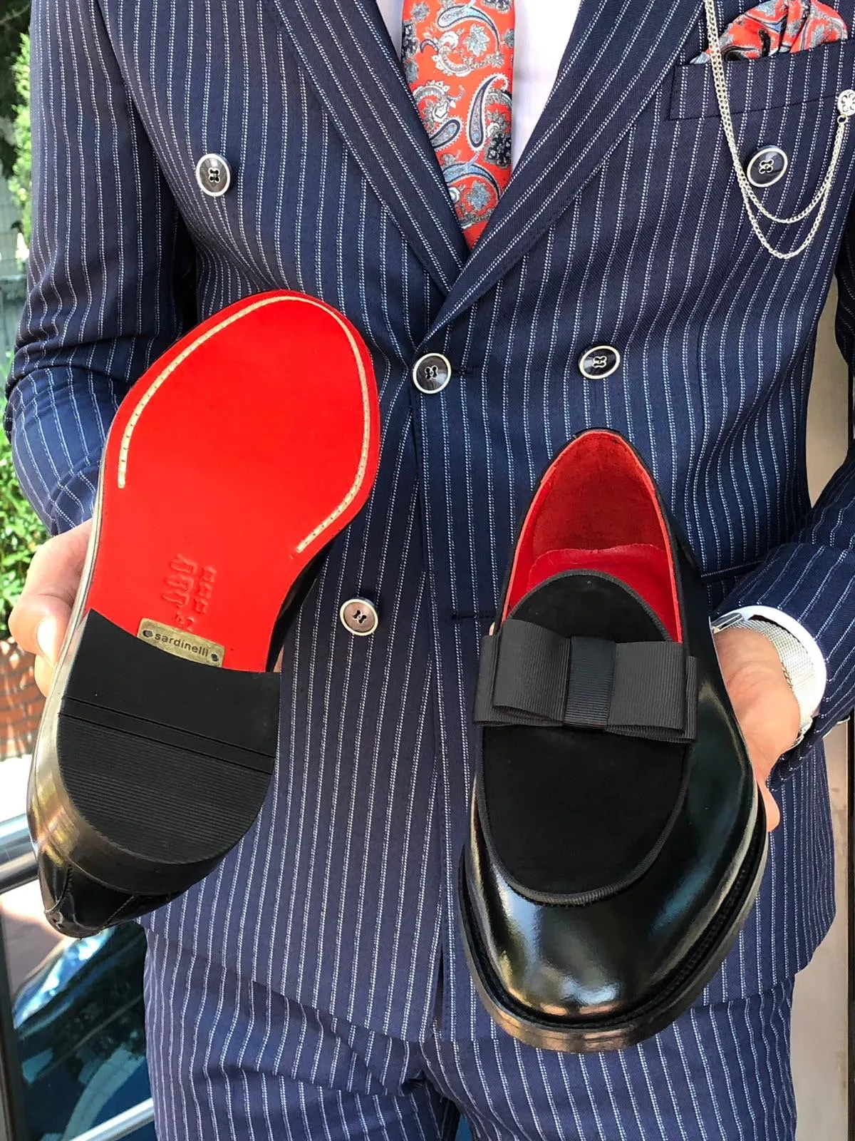 Polished Leather Sardinelli Loafers with Silk Bow
