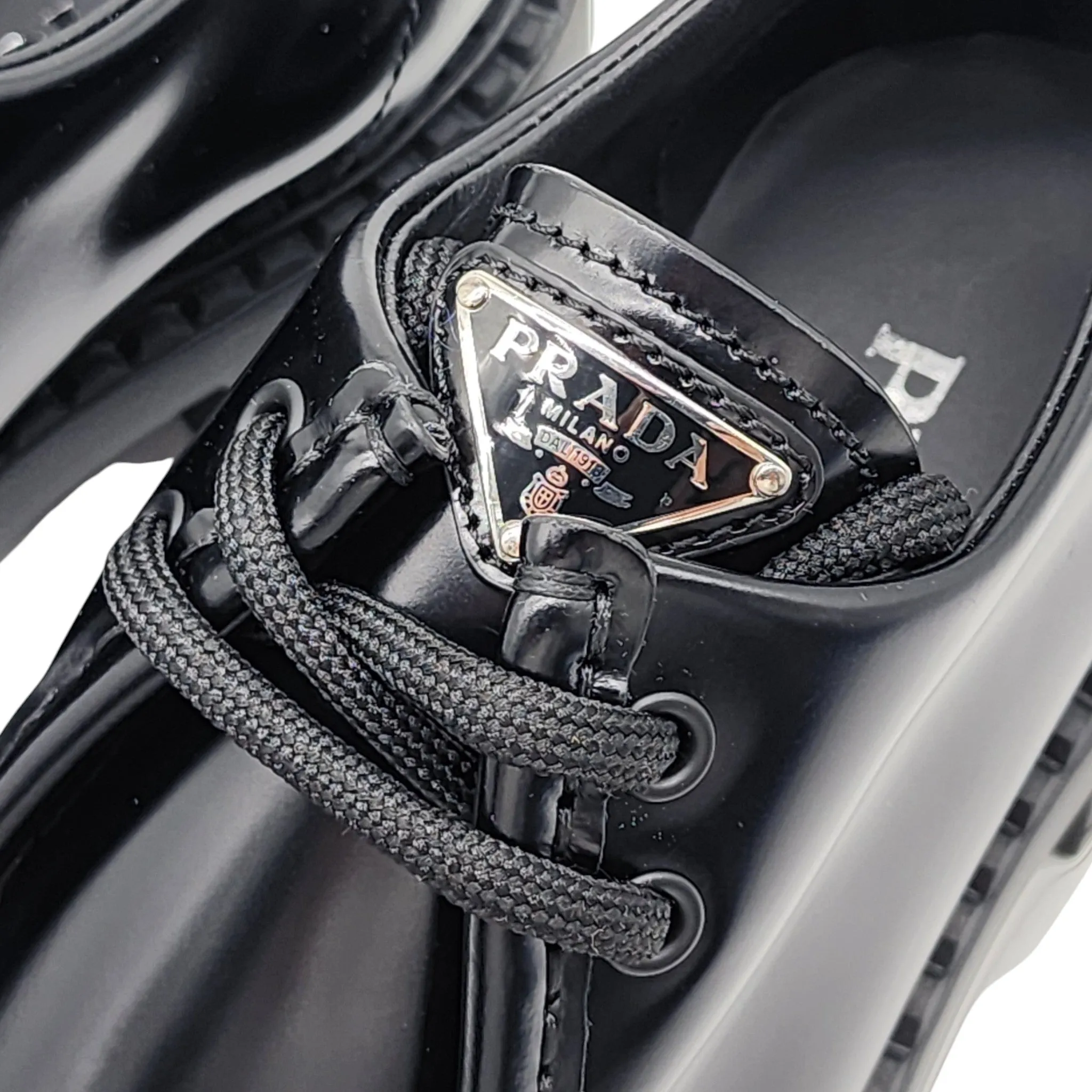 Prada Triangle Logo Lace-Up Shoes - Brushed Leather - Black 35