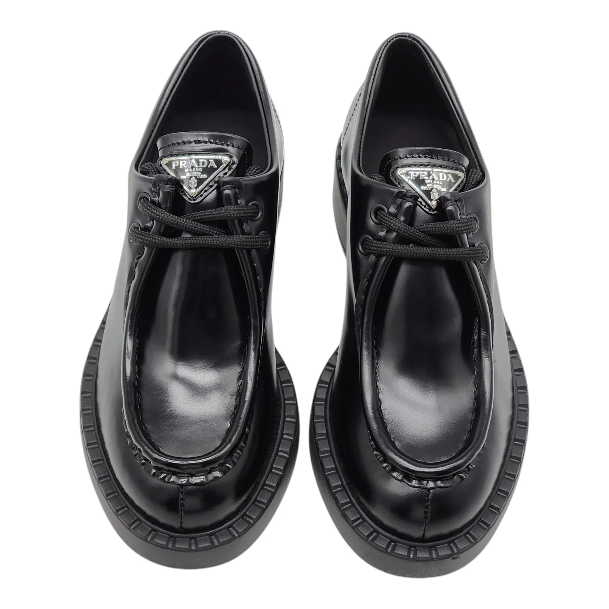 Prada Triangle Logo Lace-Up Shoes - Brushed Leather - Black 35