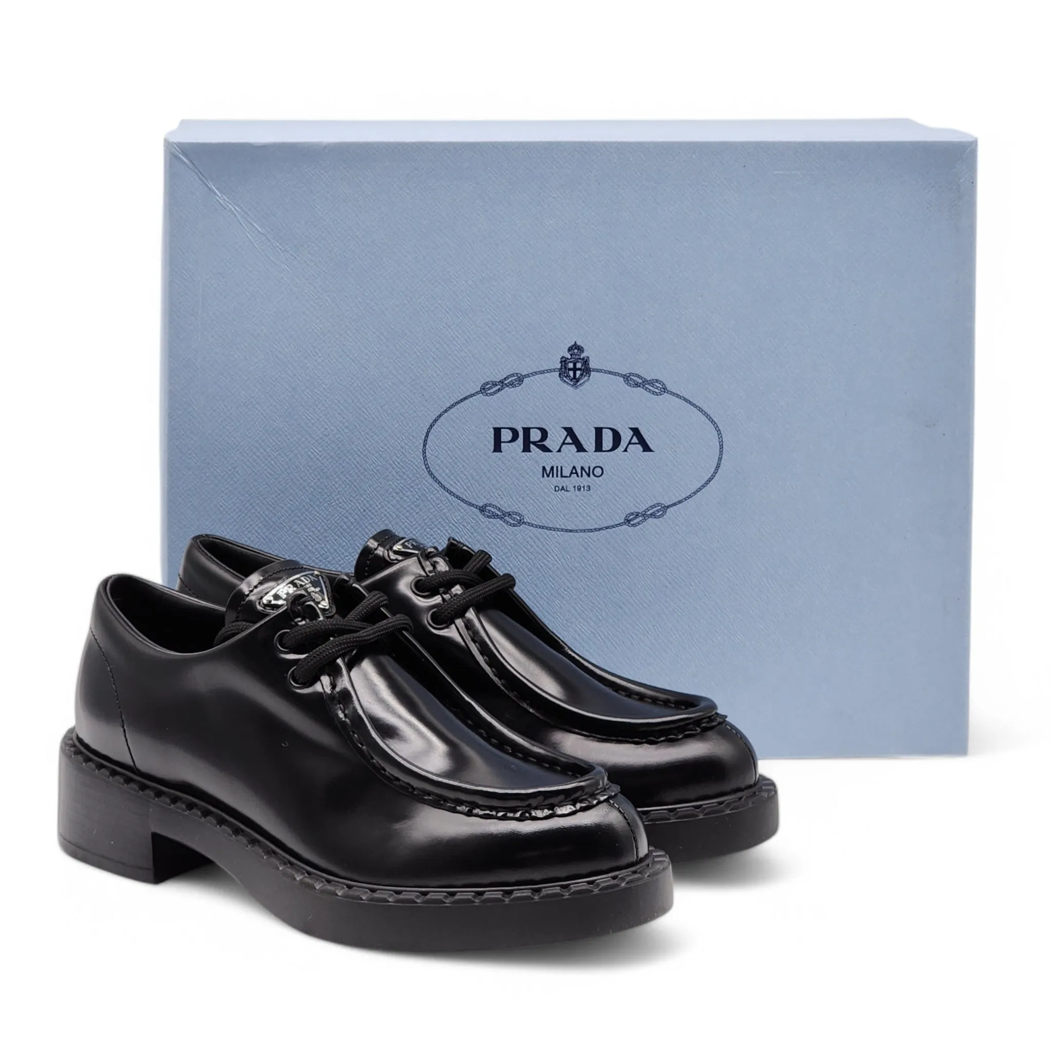 Prada Triangle Logo Lace-Up Shoes - Brushed Leather - Black 35
