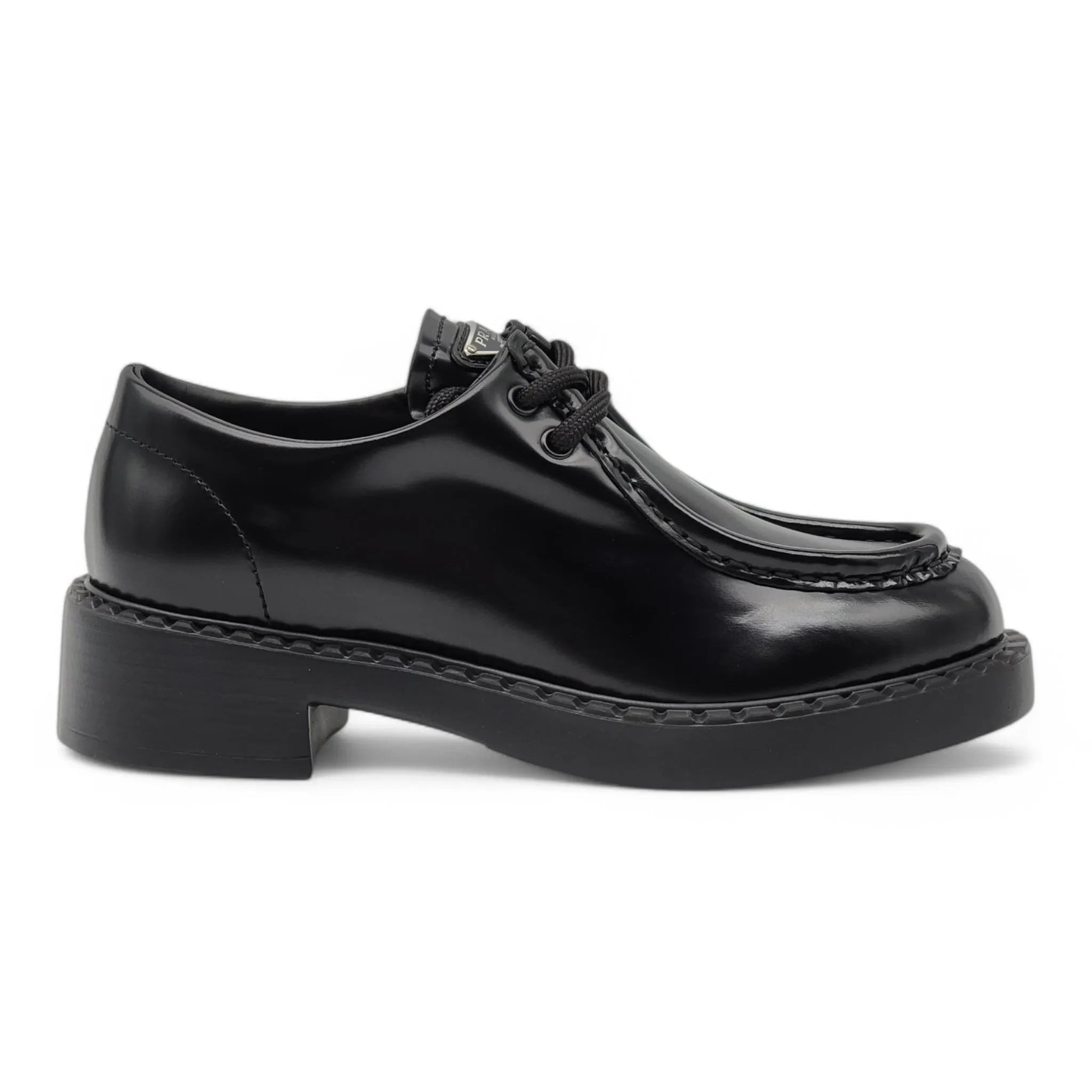 Prada Triangle Logo Lace-Up Shoes - Brushed Leather - Black 35