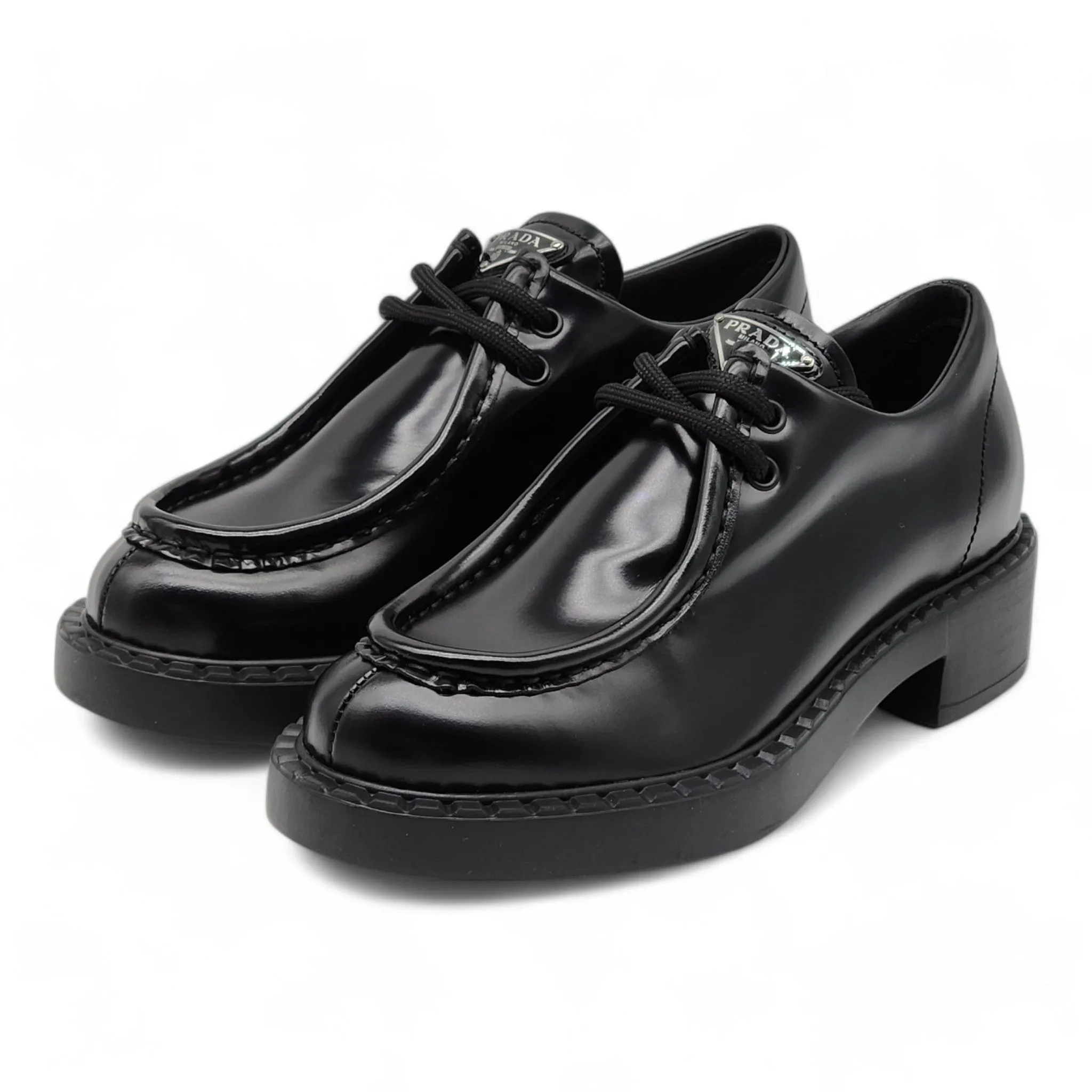 Prada Triangle Logo Lace-Up Shoes - Brushed Leather - Black 35