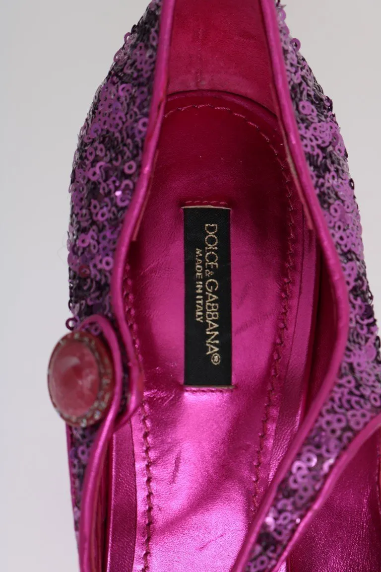 Purple Sequined Mary Janes Leather Shoes