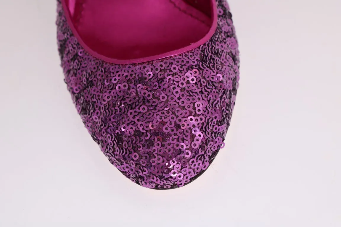Purple Sequined Mary Janes Leather Shoes