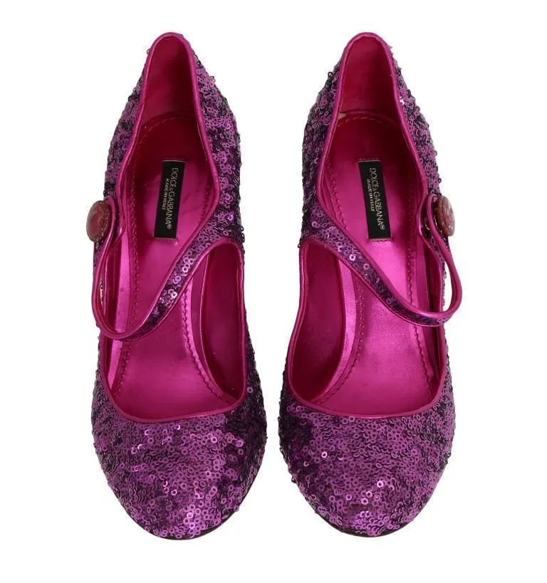Purple Sequined Mary Janes Leather Shoes