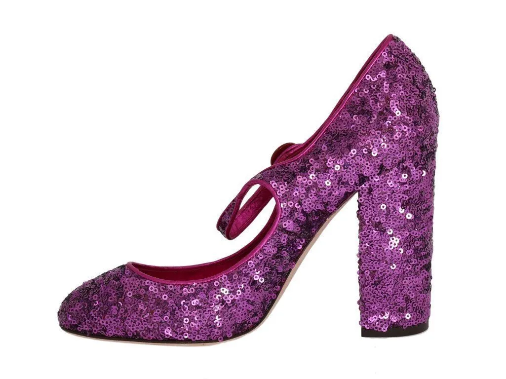 Purple Sequined Mary Janes Leather Shoes
