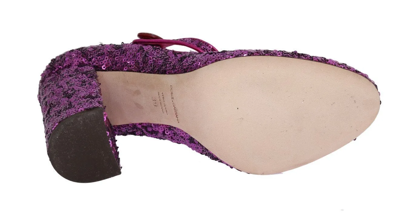 Purple Sequined Mary Janes Leather Shoes