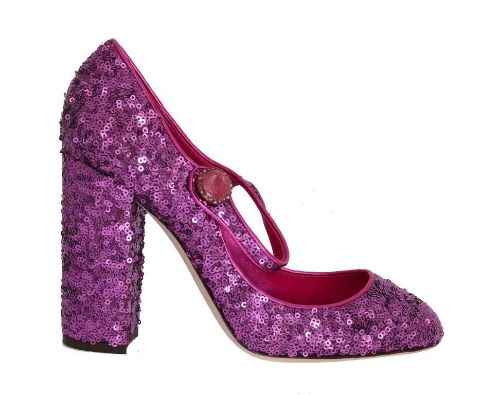 Purple Sequined Mary Janes Leather Shoes