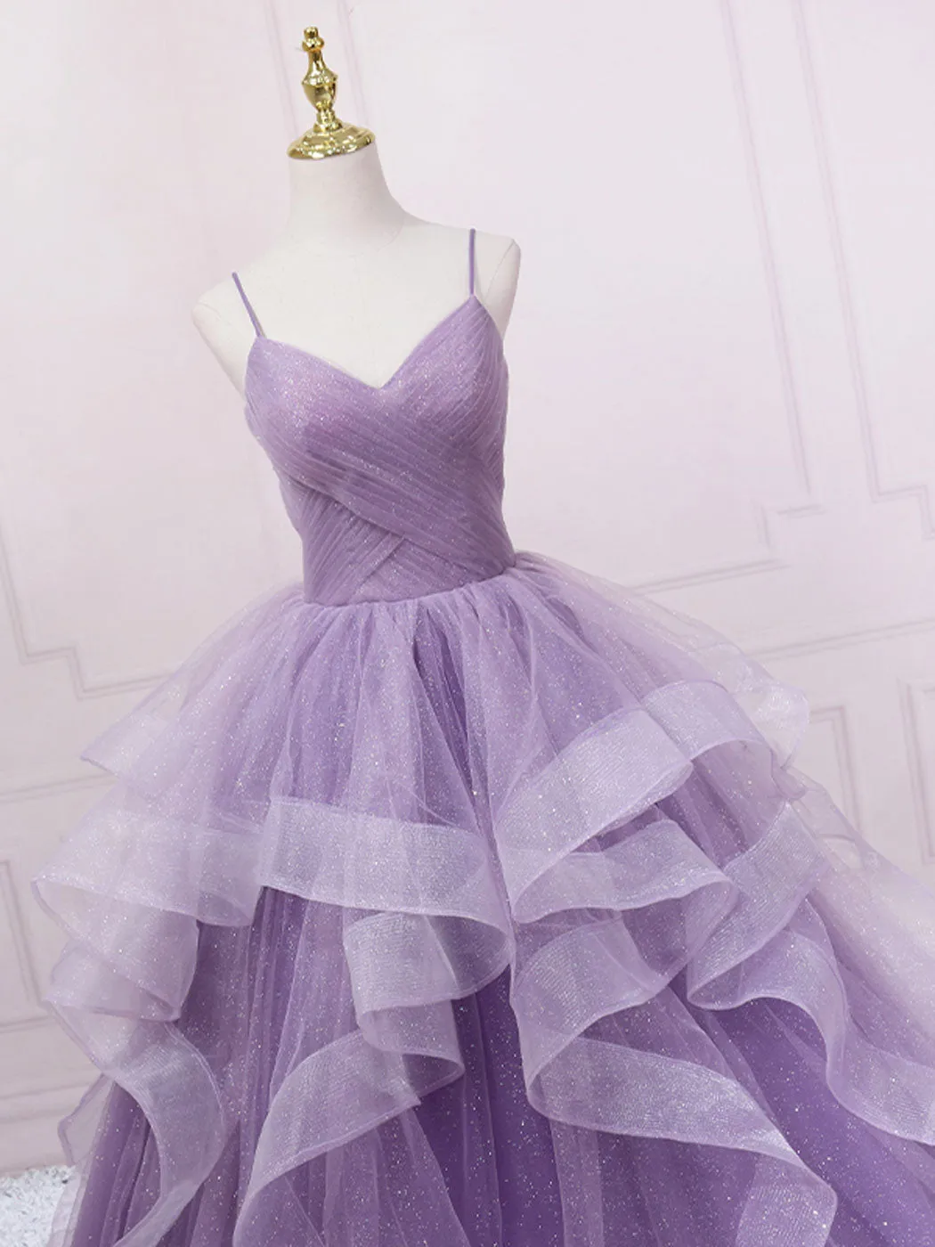 Purple v neck tulle long prom dress, purple tulle formal dress
