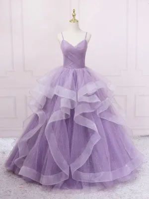 Purple v neck tulle long prom dress, purple tulle formal dress