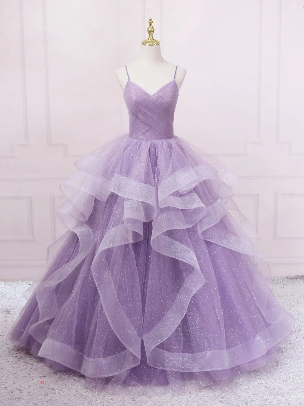 Purple v neck tulle long prom dress, purple tulle formal dress