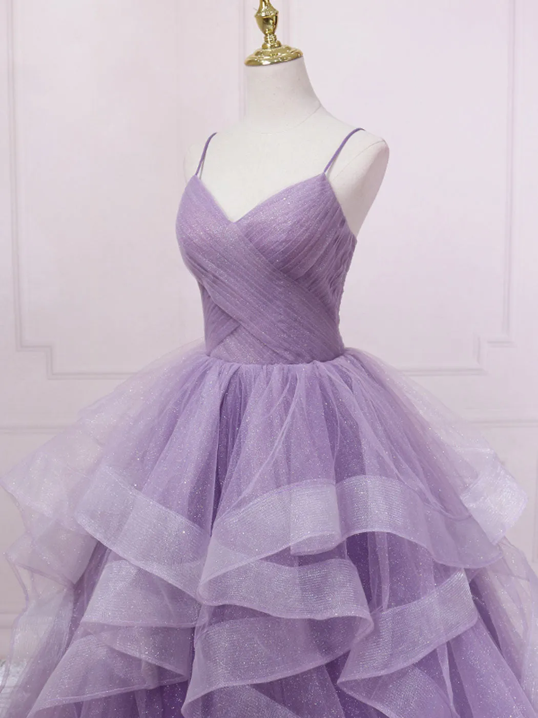 Purple v neck tulle long prom dress, purple tulle formal dress