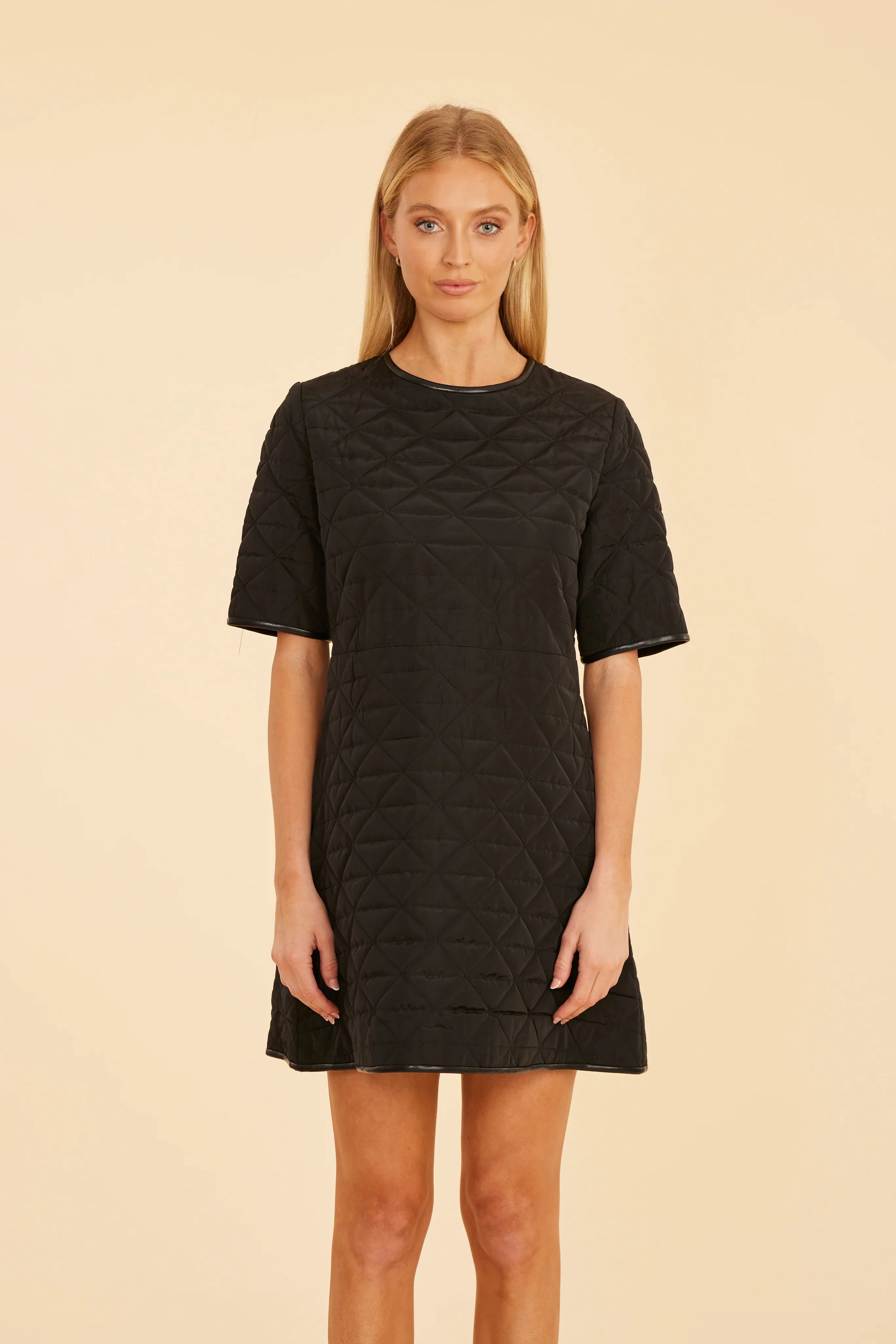 Quilted Nylon and Faux Leather Trim Dress - Black