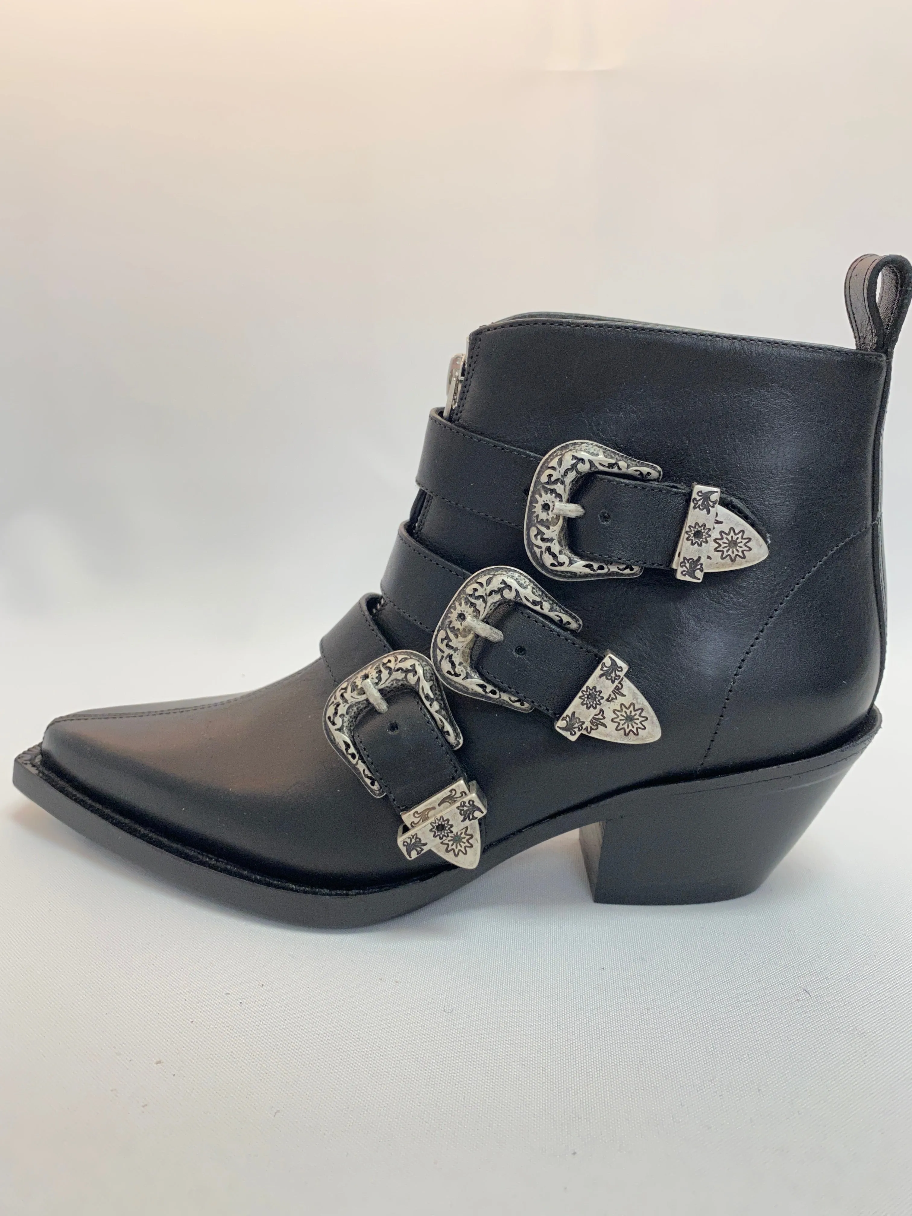 R13 Black Leather Zip Bootie with Buckles