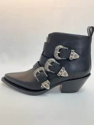 R13 Black Leather Zip Bootie with Buckles