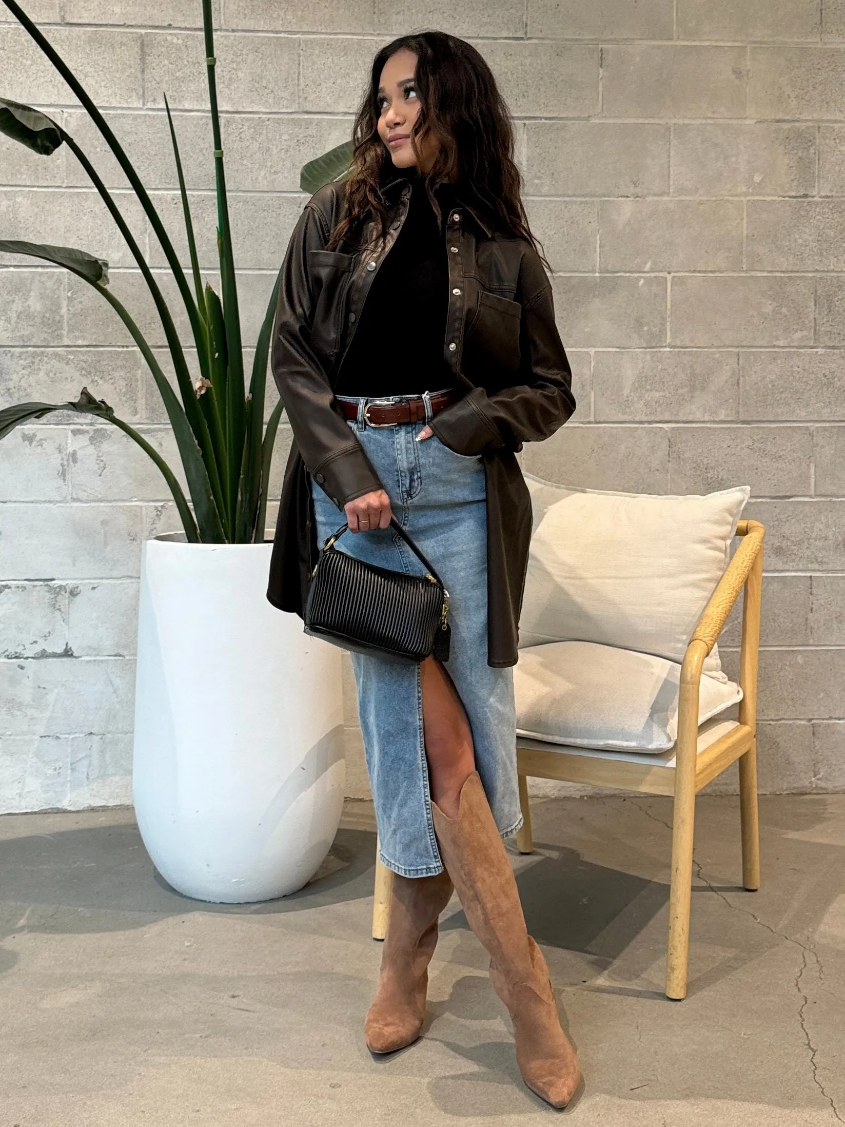 RD STYLE Distressed Faux Leather Shirt Dress