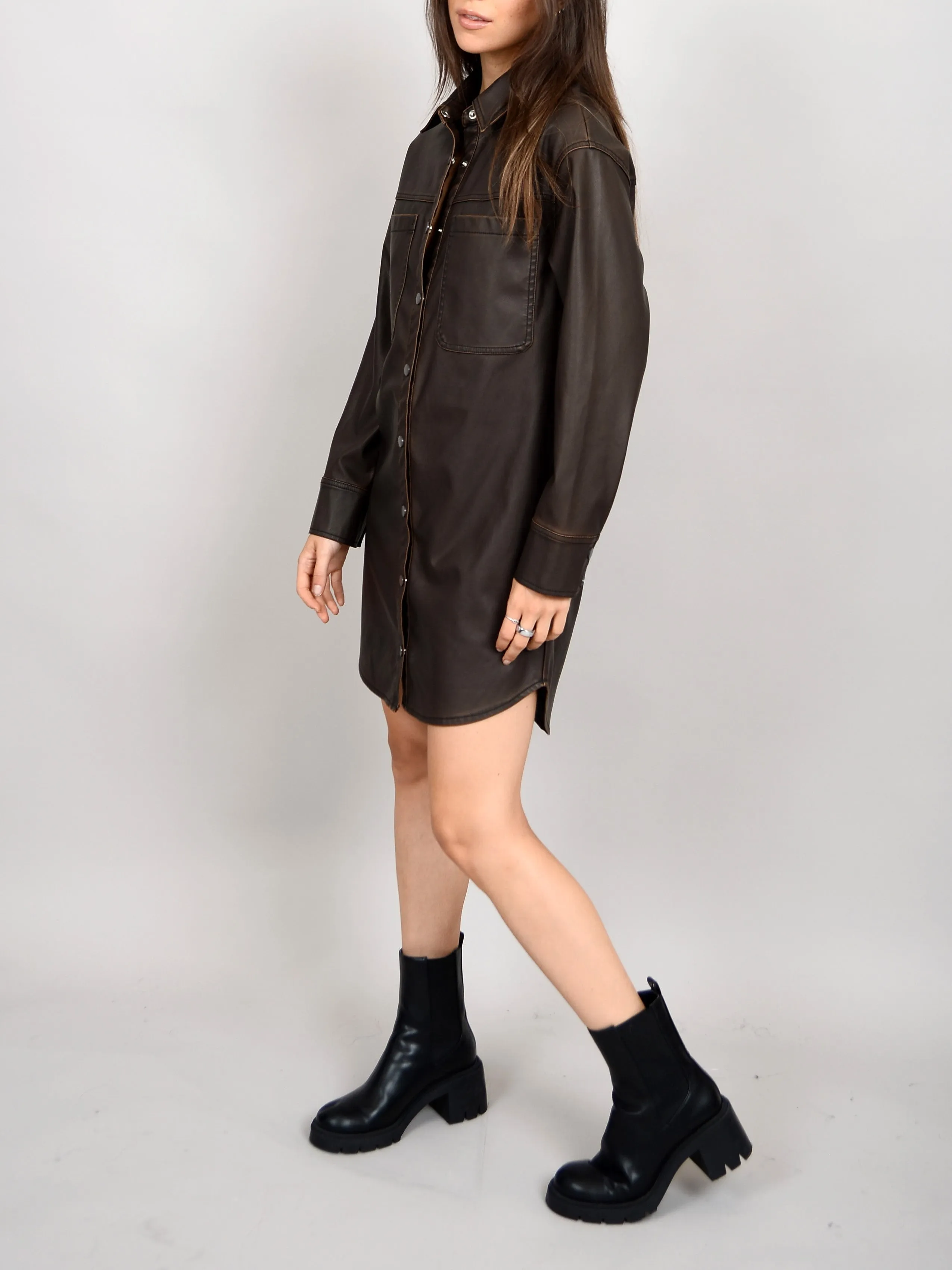 RD STYLE Distressed Faux Leather Shirt Dress