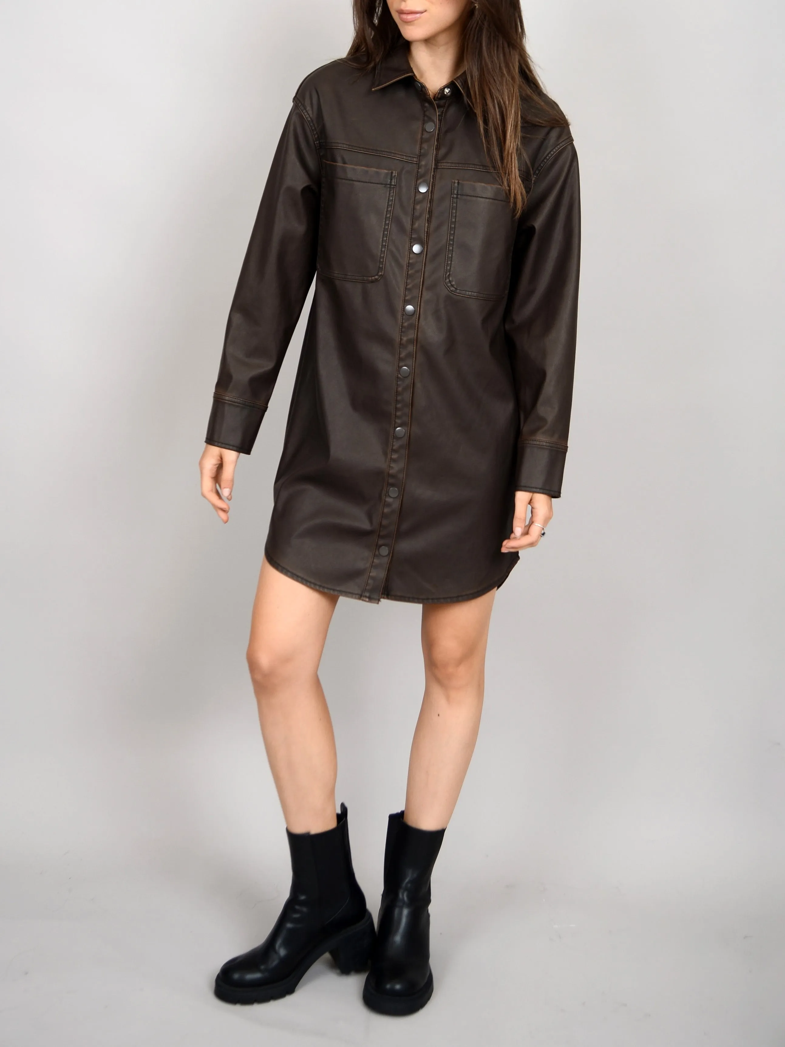 RD STYLE Distressed Faux Leather Shirt Dress