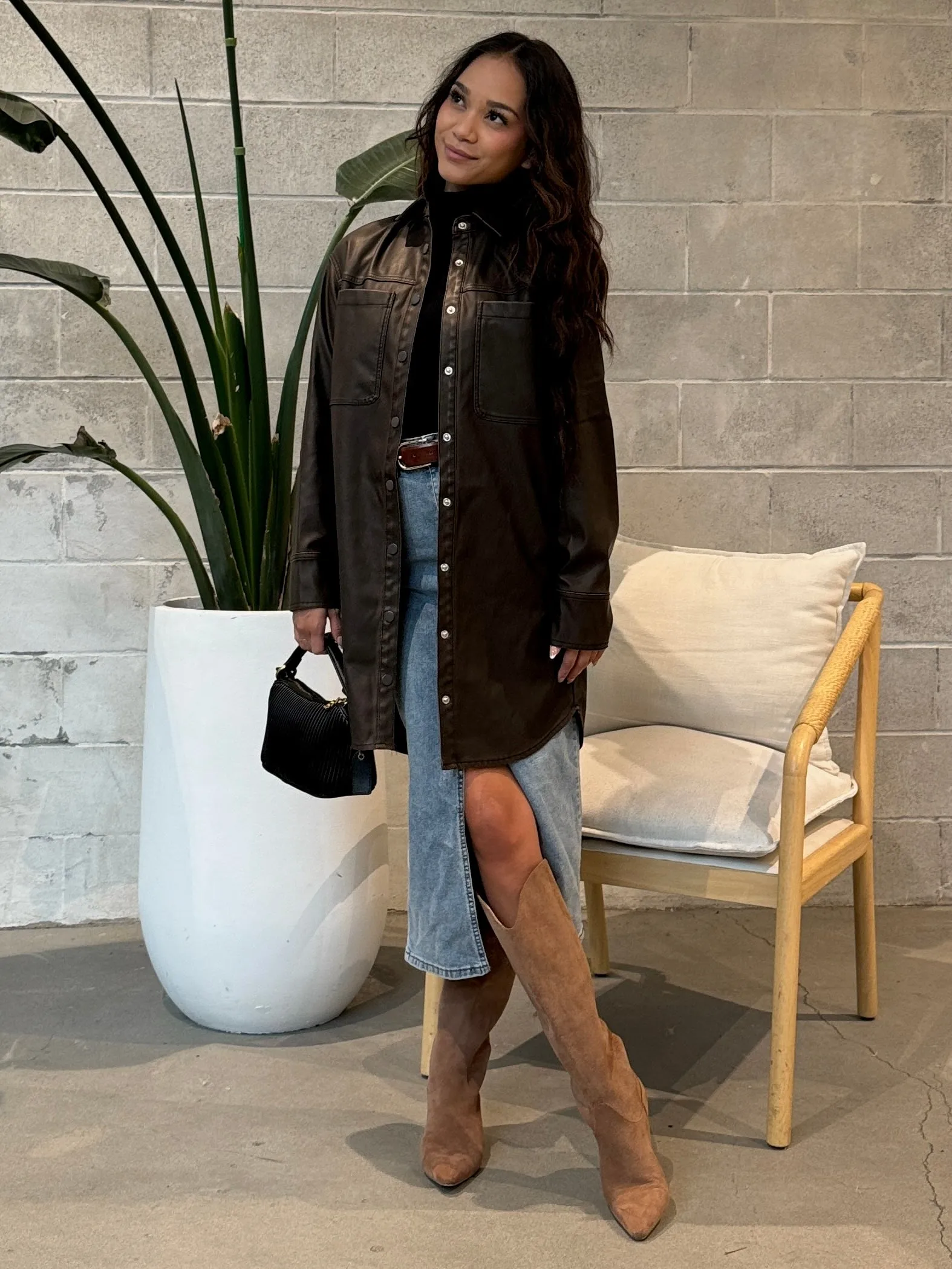 RD STYLE Distressed Faux Leather Shirt Dress