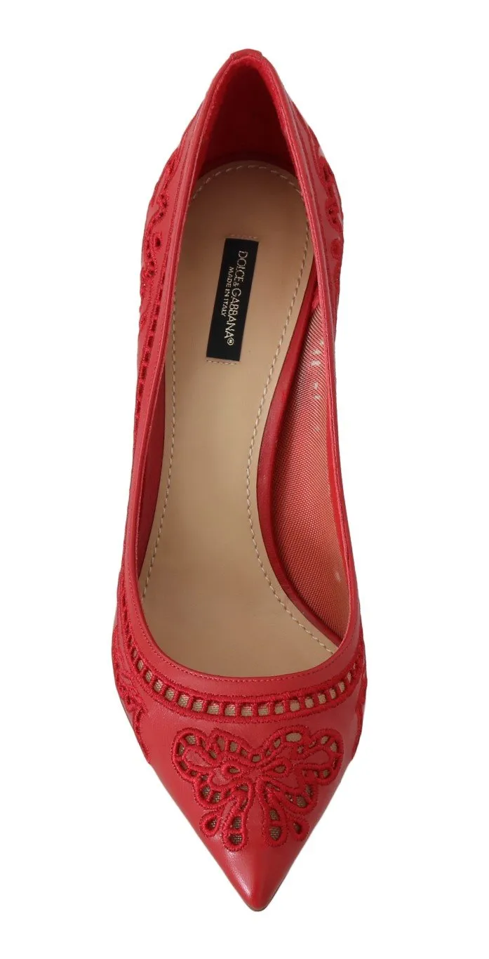 Red Leather Floral Cutout Pumps