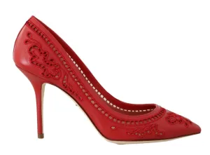 Red Leather Floral Cutout Pumps