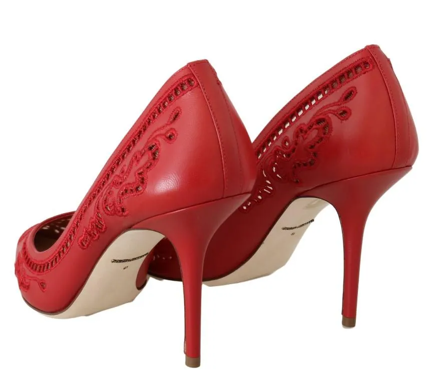 Red Leather Floral Cutout Pumps