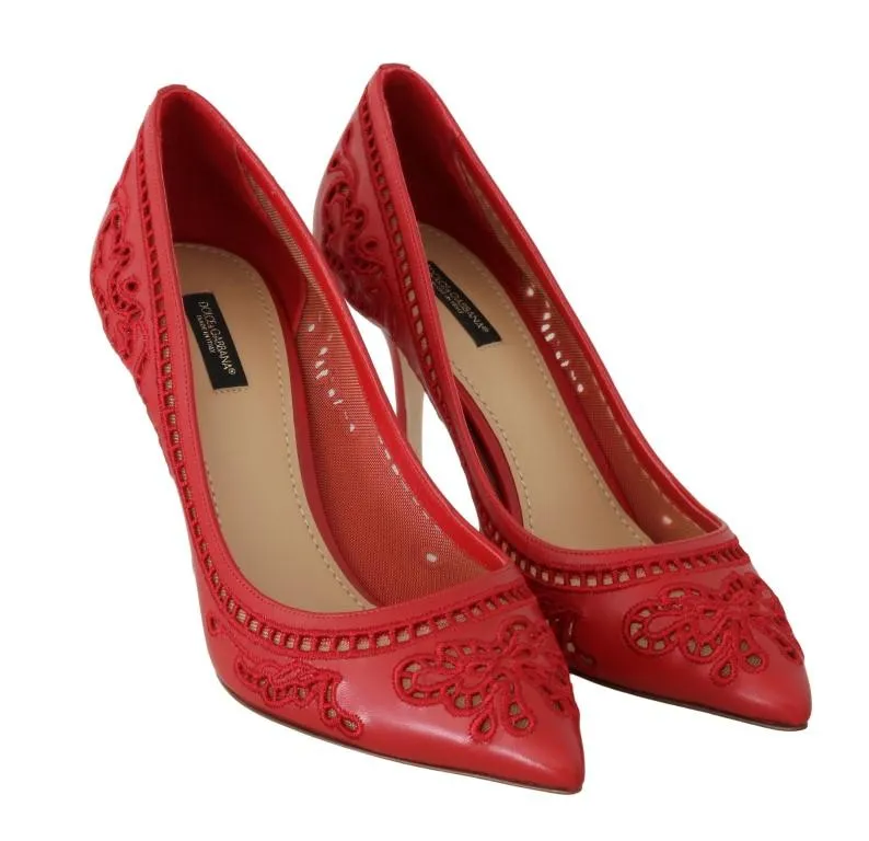 Red Leather Floral Cutout Pumps