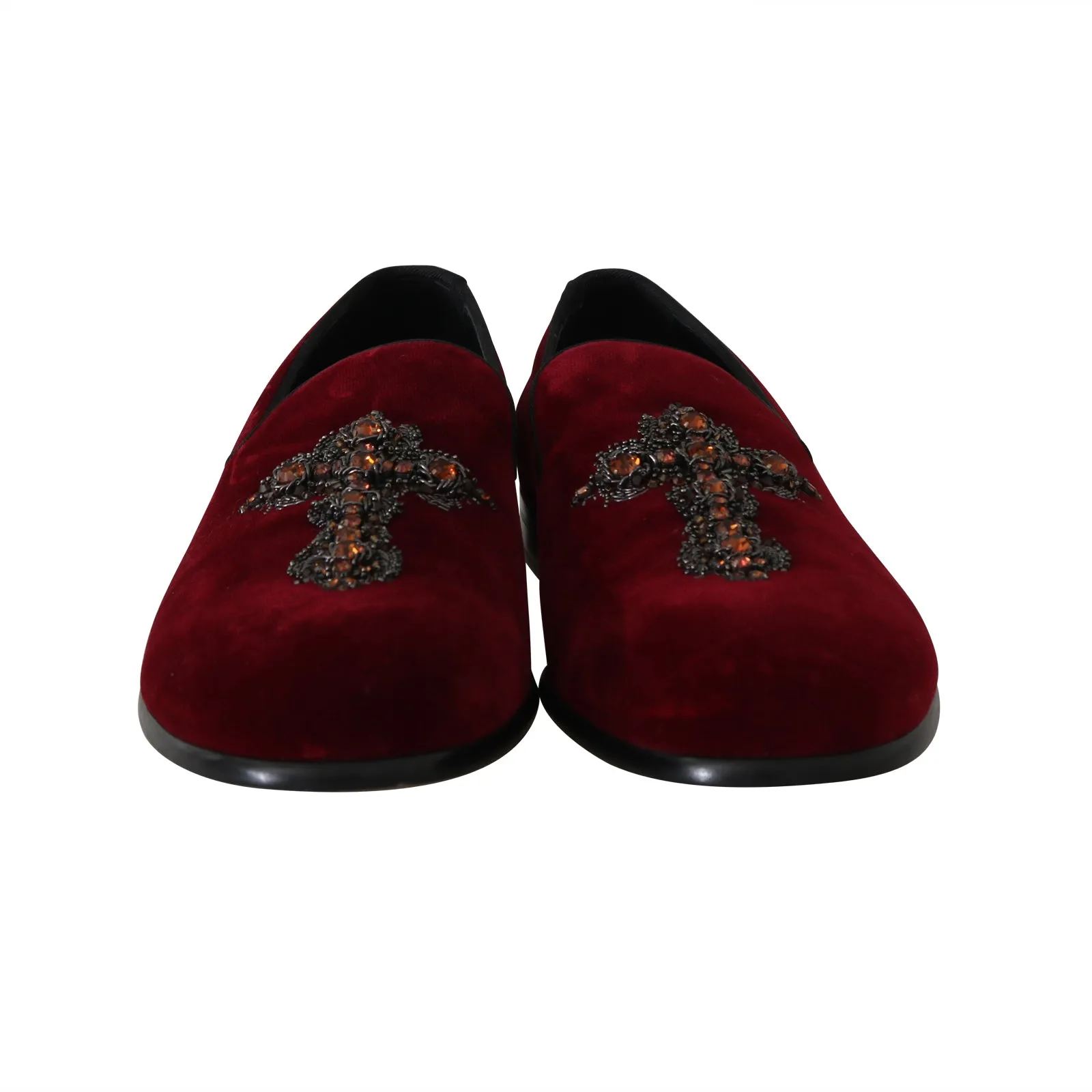 Red Velvet Crystal Cross Loafers Shoes