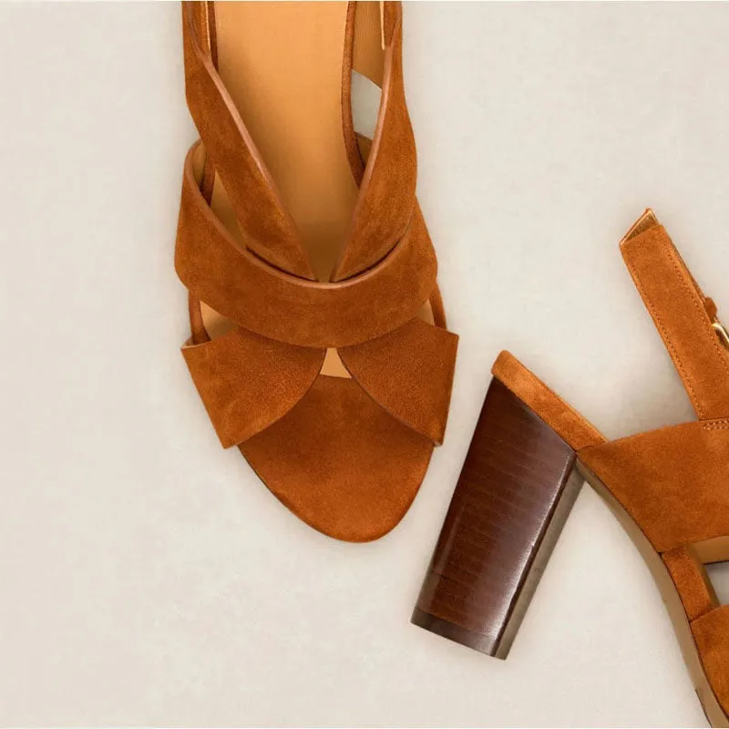 RIVECOUR Sandal 55 Suede Block Heel in Cognac
