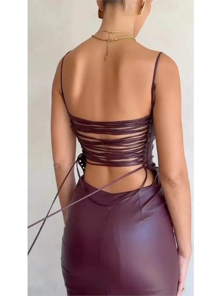 Sexy Bandage Backless Faux Leather Dress Elegant Party Cocktail Evening Midi Dress Clubwear