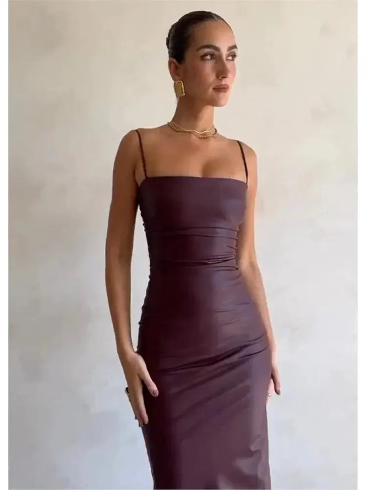 Sexy Bandage Backless Faux Leather Dress Elegant Party Cocktail Evening Midi Dress Clubwear