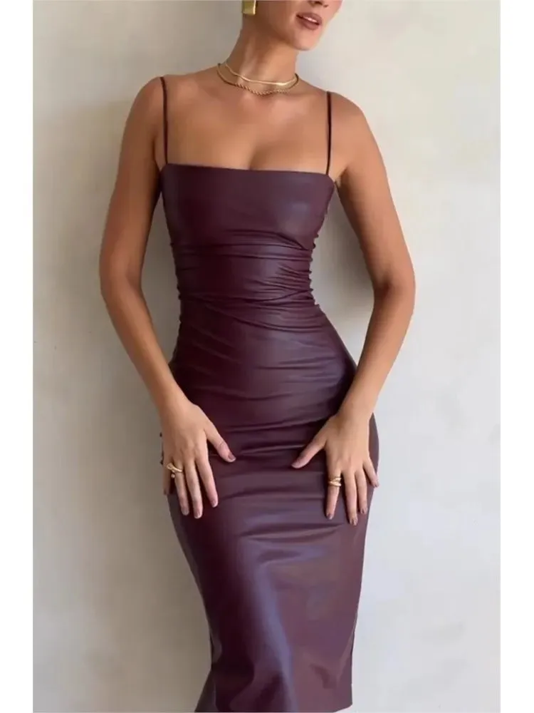Sexy Bandage Backless Faux Leather Dress Elegant Party Cocktail Evening Midi Dress Clubwear