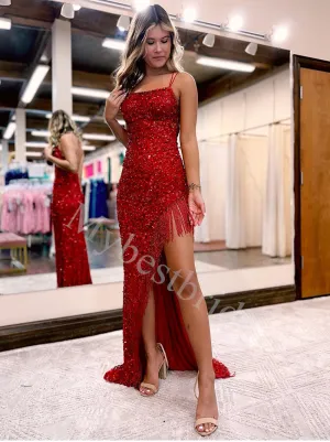 Sexy Spaghetti straps Side slit Mermaid Prom Dresses,PDS0884