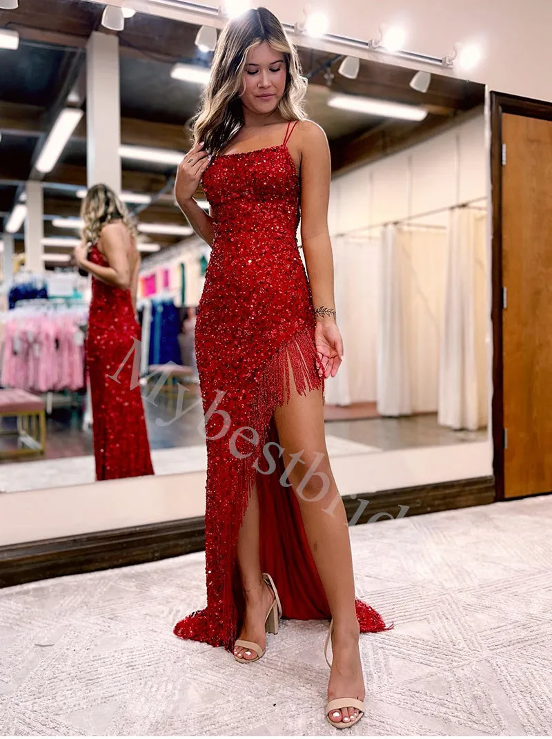 Sexy Spaghetti straps Side slit Mermaid Prom Dresses,PDS0884