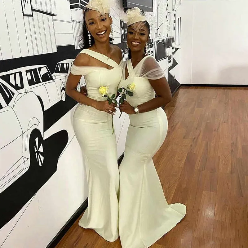 Sexy White Tulle Cap Sleeves Mermaid Long Bridesmaid Dress, WG926