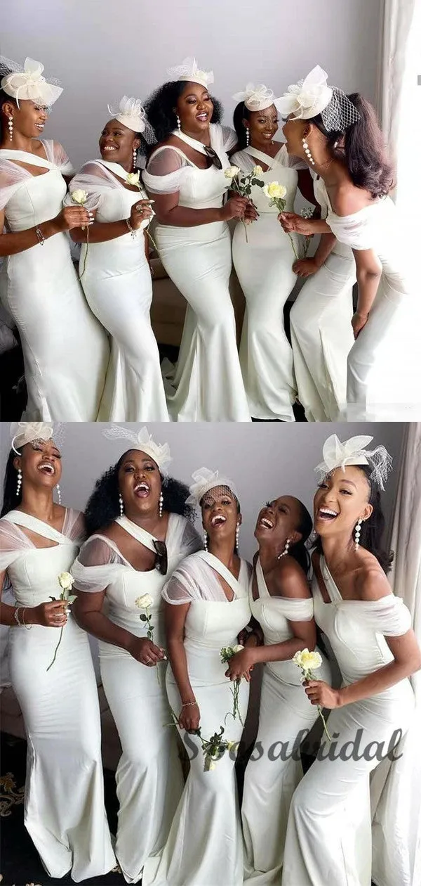 Sexy White Tulle Cap Sleeves Mermaid Long Bridesmaid Dress, WG926