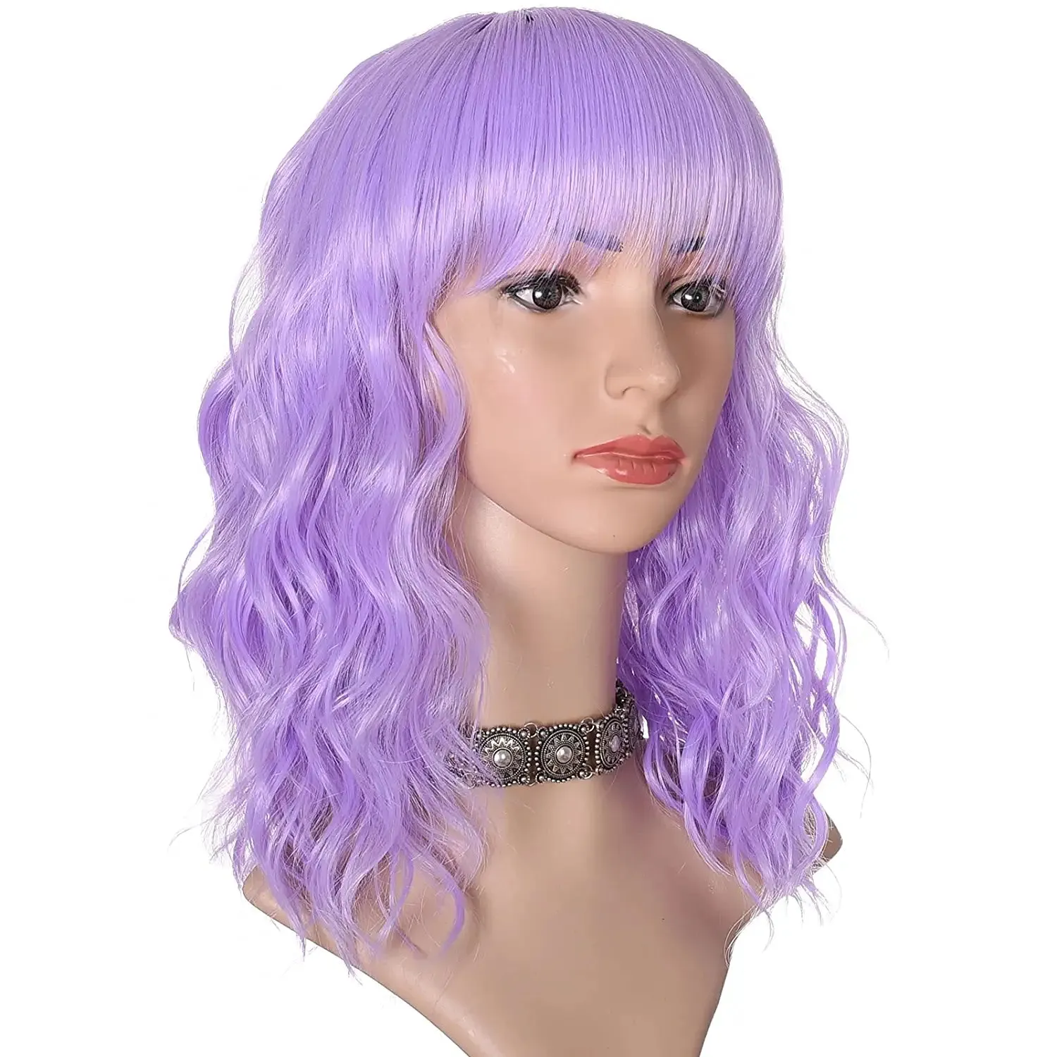 Short Bob Wavy Lavender Purple Hair Wig with Bang